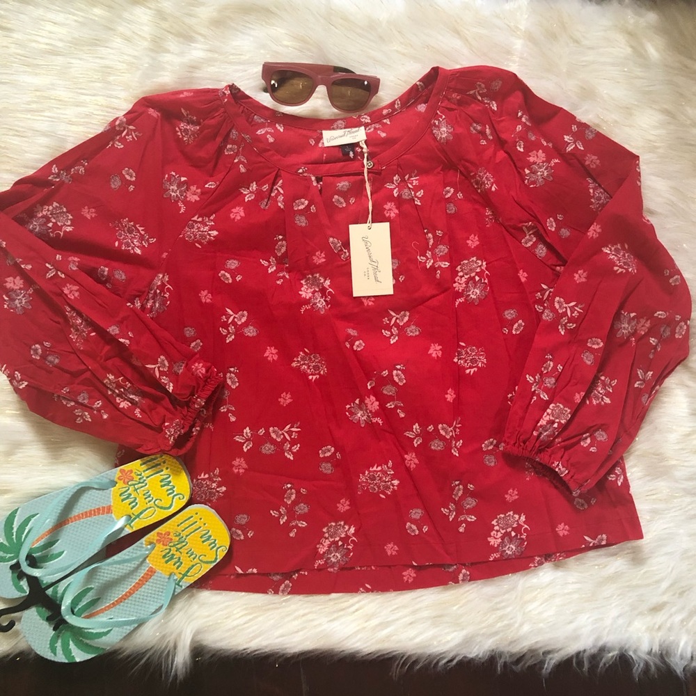 Boho Tunic Floral Print Red Keyhole s L loose New